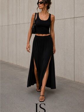 JS Collections Black Double-Slit Maxi Skirt with Elastic Waist